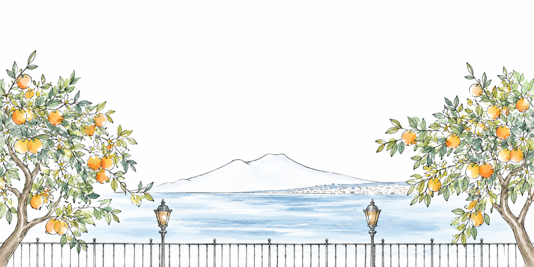 Disegno ad acquerello con aranci, mare, Vesuvio e una ringhiera sul Golfo di Napoli, ispirato alla partecipazione